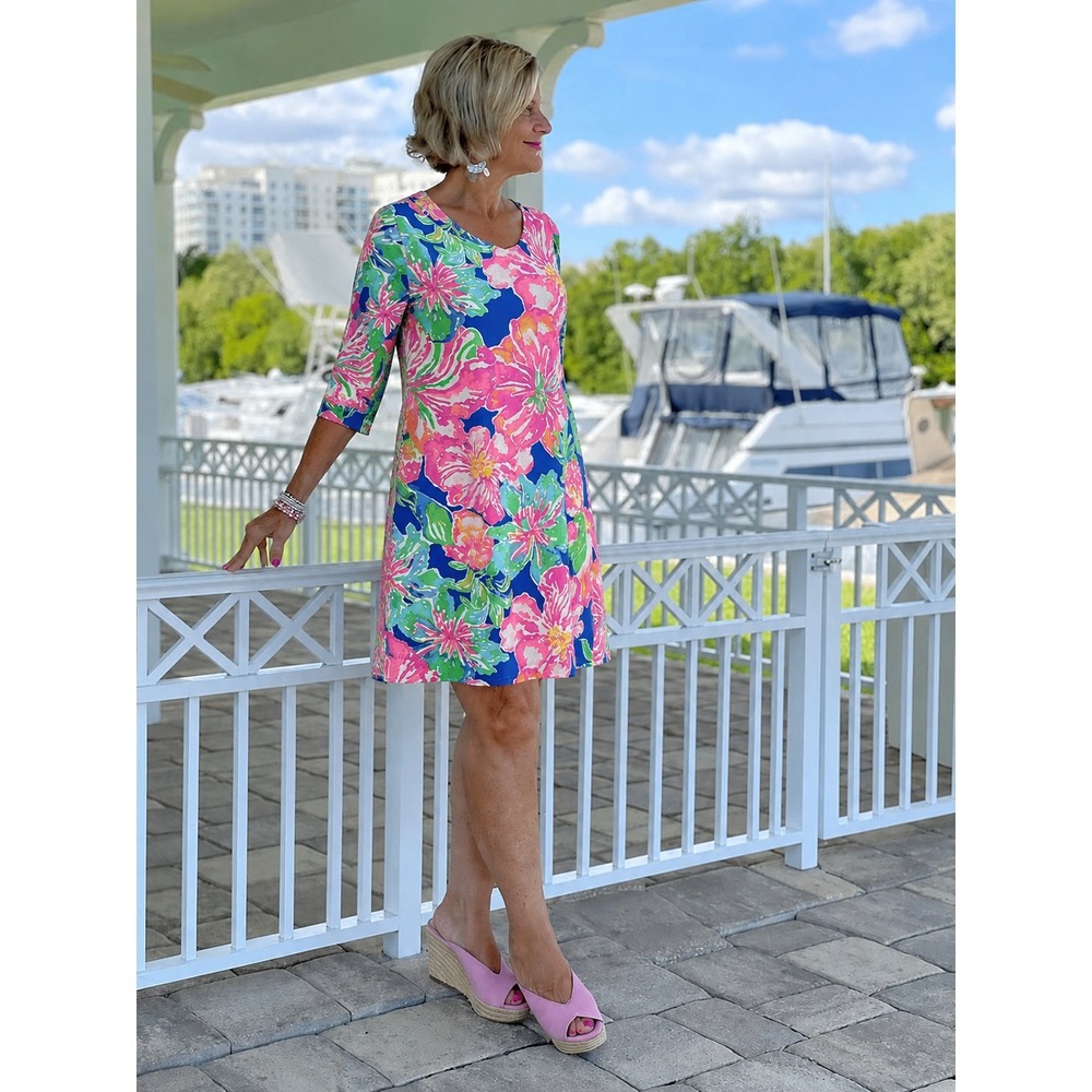 Lilly‎ Pulitzer Marlowe Dress XS Pima Cotton Boatneck 3/4 Sleeve Pink Floral